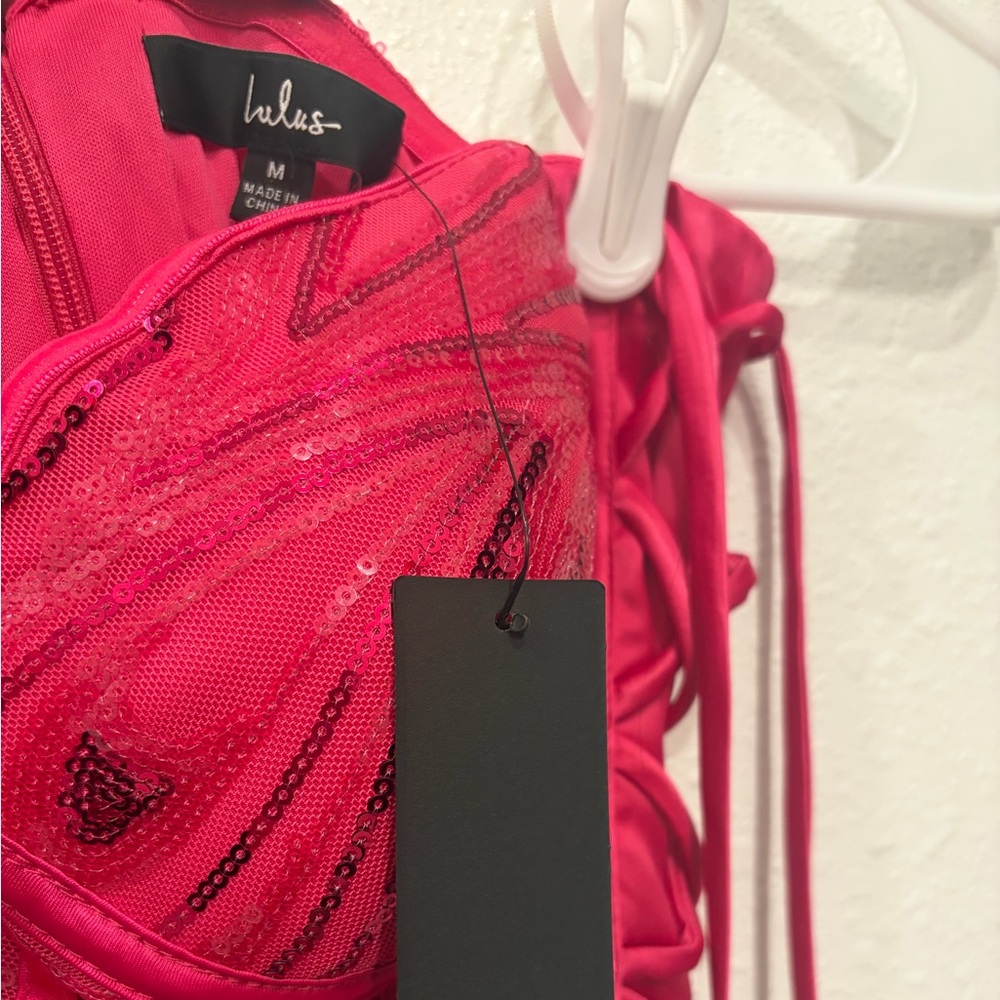 Lulus Enticing Sparkle Hot Pink Sequin Lace-Up Strapless Mini Dress - Picture 6 of 8